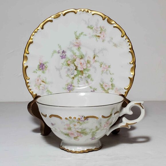Golden Crown Teacup and Saucer Pink Purple Flowers Western Germany Vintage - Picture 4 of 10